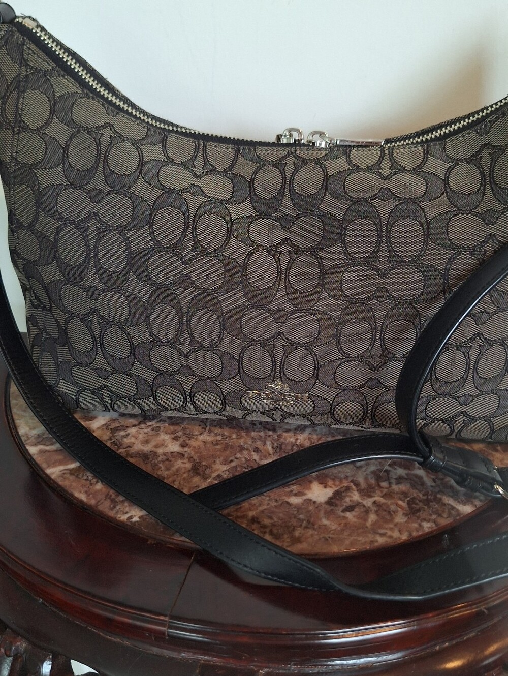 Coach Signature Jacquard Shoulder Bag in Brown and Black